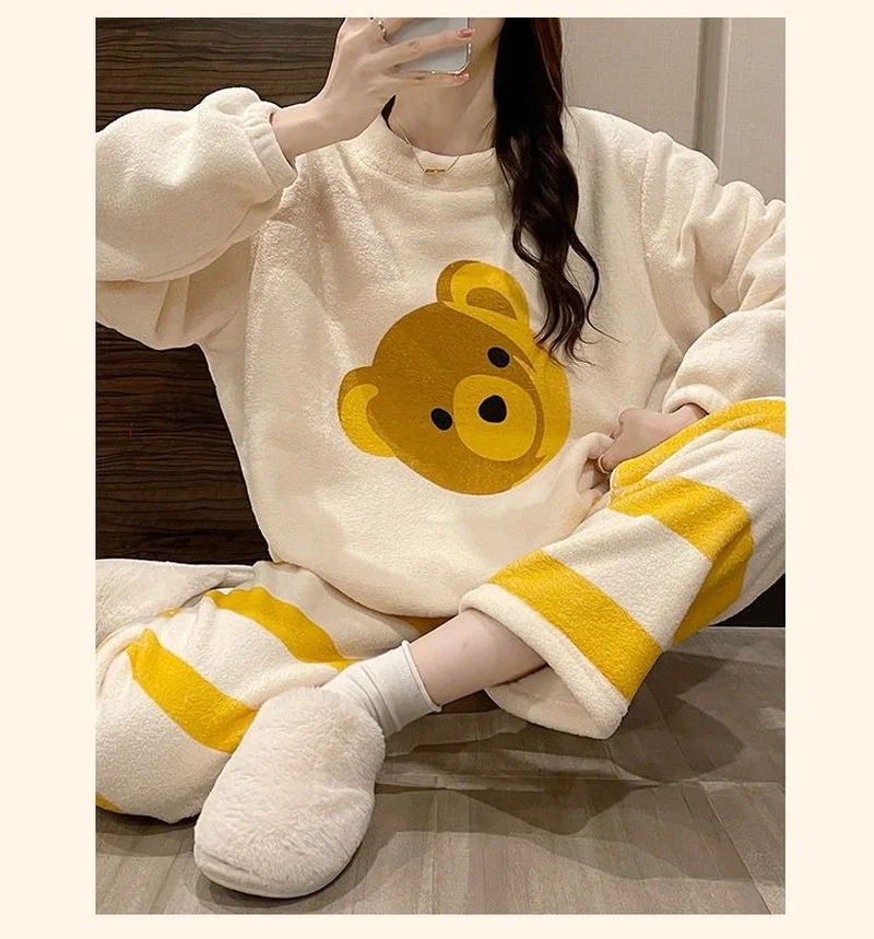 

Long-sleeved Coral Velvet Solid Color Round Neck Pullover Fall/winter New Style Plus Velvet Thick Thick Warm Pajamas