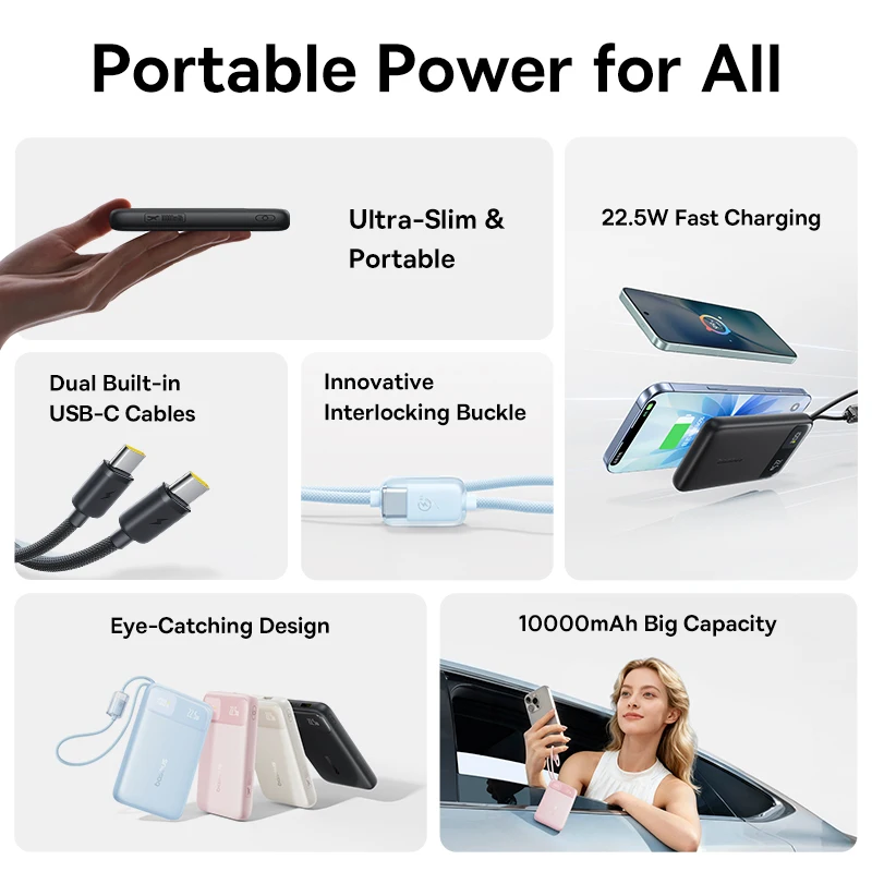 Baseus 10000 мАч Power Bank 22,5 Вт Встроенный двойной кабель USB-C более тонкий быстрая зарядка для iPhone 17 Pro Max Samsung S25 Xiaomi Poco (art.: 3920d396e2016) - 3920d396e2016