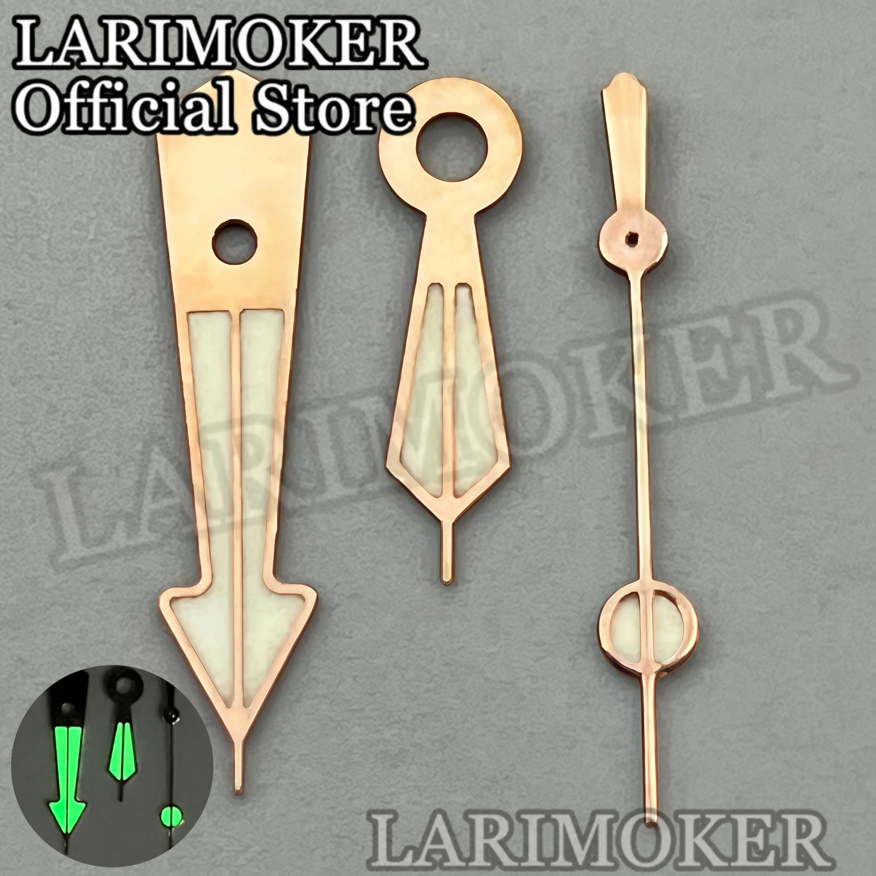 Фото Стрелки для часов LARIMOKER 12 мм x 11,3 мм x 8,5 мм, серебристо-золотистые, с зеленым люминесцентным покрытием, для механизмов NH34, NH35, PT5000, аксессуары для часов, подходят для циферблата 29 мм. №3