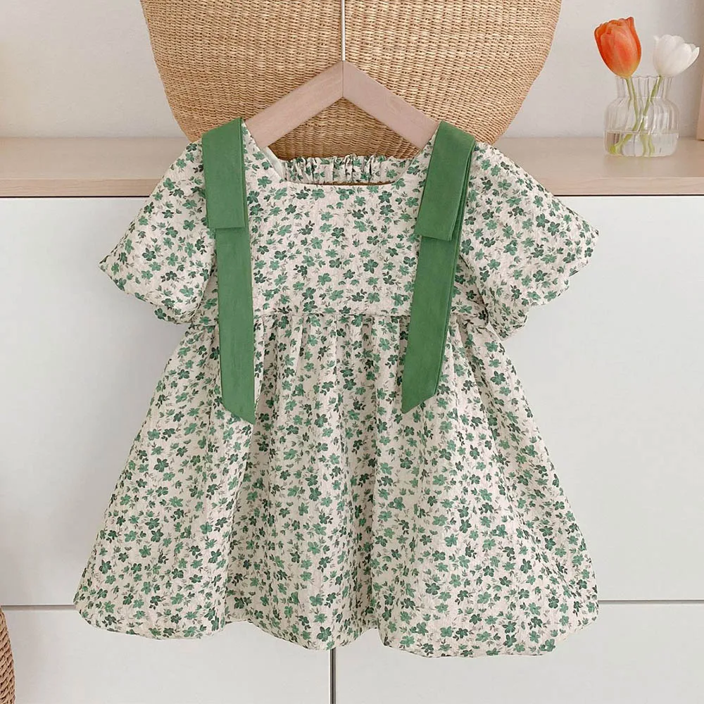 

Children Dresses Girls Summer Clothing Floral Green Color Princess Birthday Costume