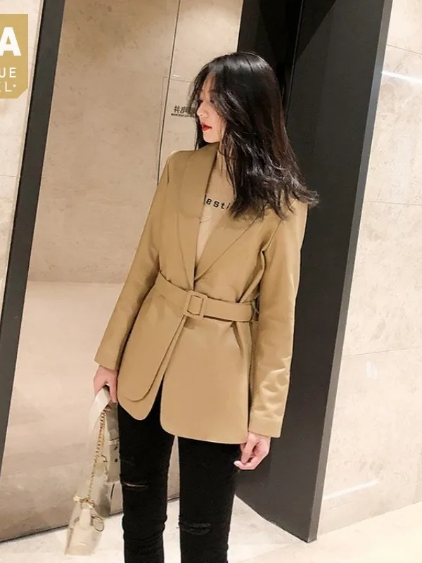 

Coat Elegant Office Ladies Suit Slim Sashes Genuine Leather Short Jacket Designer Luxury Sheepskin Outerwear Female Casual Tops