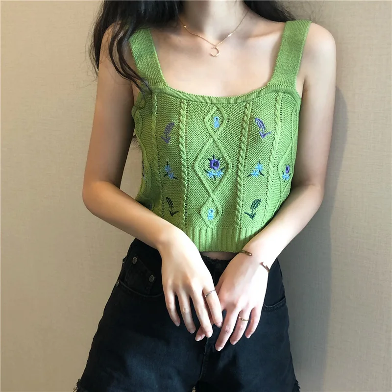 

Cottagecore Cute Sweet Girl Knitted Short Tank Tops Embroidery Sleeveless Tops 2021 Women Summer Chic All Match Basic Streetwear