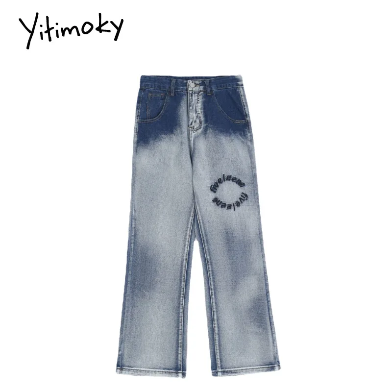 

Yitimoky 2022 High Fashion Women Embroidery Vintage Washed Straight High Waist Casual Wide Leg Pants Baggy Denim Trouser Ladies