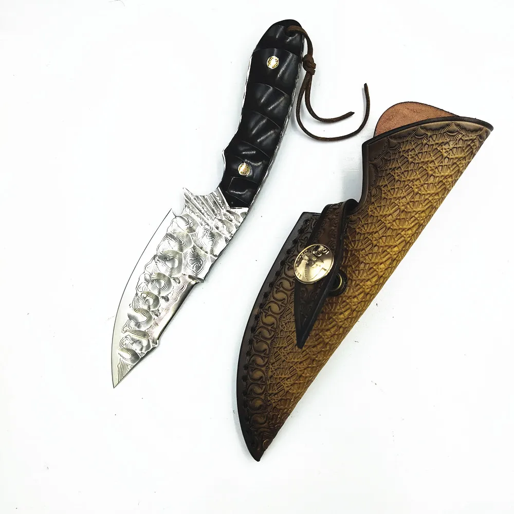 Классический охотничий нож из дамасской стали с прямым фиксированным лезвием