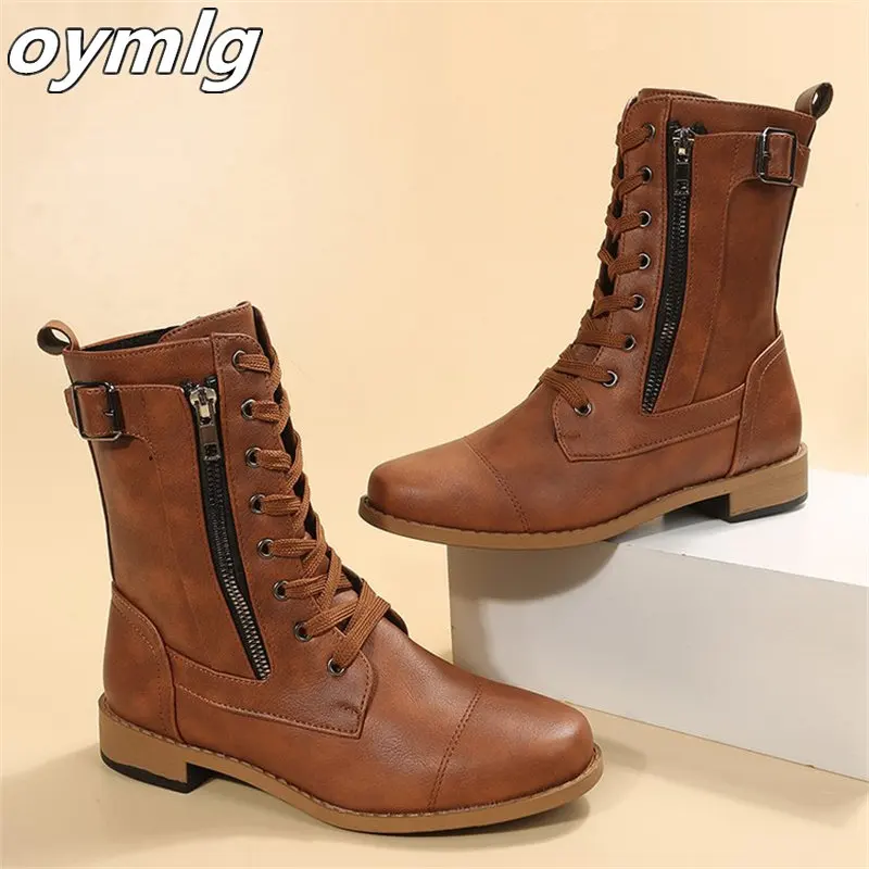 

Женские сапоги с круглым носком, однотонные сапоги на толстом каблуке, на шнуровке, на низком каблуке, с боковой молнией, 2022