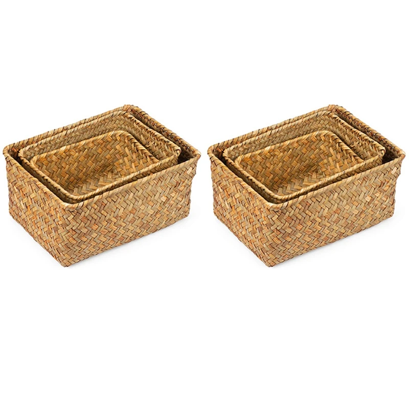 

6X Seagrass Storage Basket, Multisize Handmade Rattan Shelf Baskets & Home Storage Bins Baskets For Decoration