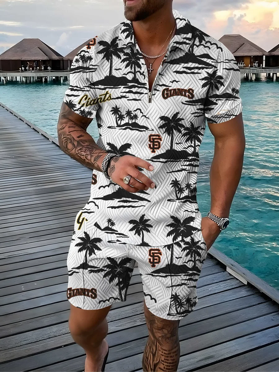Men's Activewear Casual Short Sleeve Zip Polo Shirt and Shorts Set Men's Casual Hawaiian 3D Print Streetwear 2 Piece Set