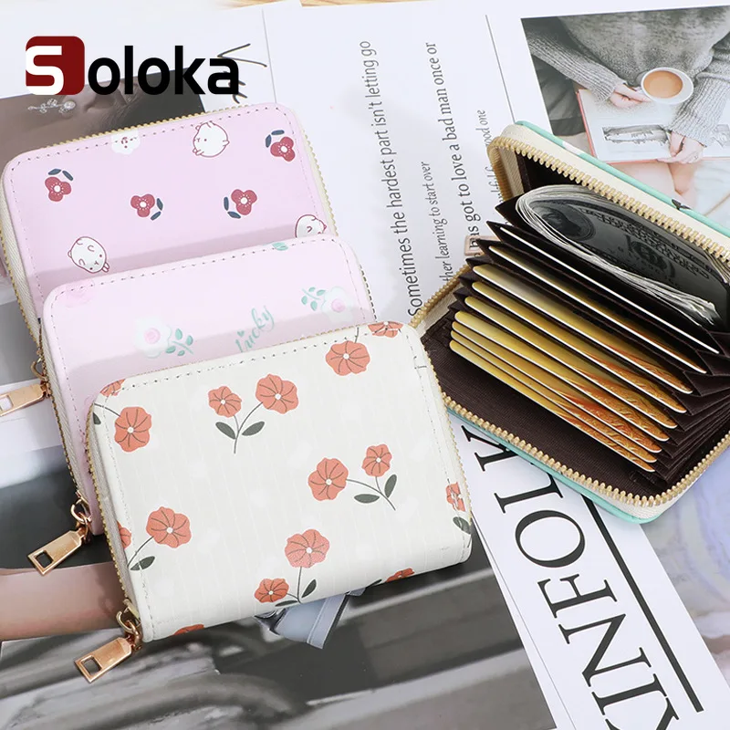 

Floral Card Holder Cartoon Girl Mini Card Protect Case 9 Bits Zipper Coin Purse Women Short Wallet Rfid Blocking Card Holder