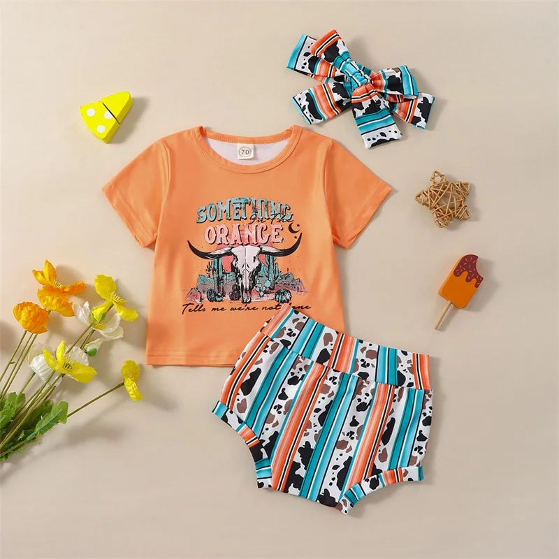 

Summer Toddler Infant Baby Girl Clothes Short Sleeve Round Neck Bull Print Tops Shorts Headband 3pcs Outfit Newborn Set