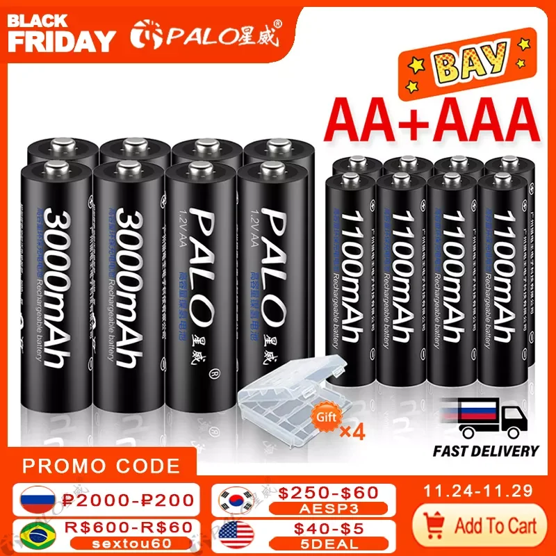

4Pcs 3000mAh 1.2V AA Rechargeable Batteries+4Pcs 1100mAh 1.2V AAA Battery NI- AA AAA Rechargeable Battery for Camera Toy