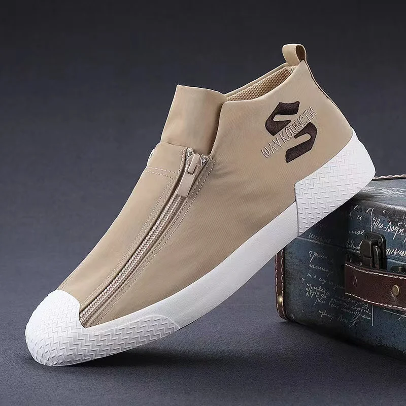 

Oraqwlj Men Canvas Casual Shoes Breathable Vulcanized shoes Fashion Double-row Zipper Design Loafers Light Walking Shoes For Men