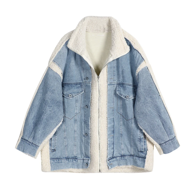 

Winter Coat Casual Thick Warm For Women Oversized Autumn Fashion Lambswool Patchwork Jean Denim Jackets Snow Basic Female Coat