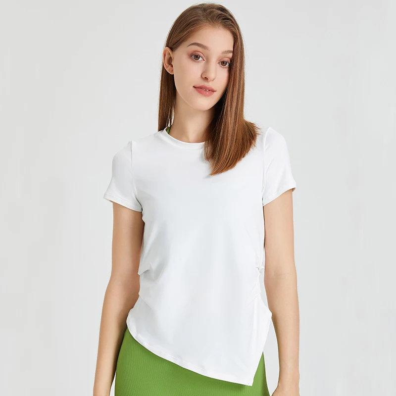 

Summer Yoga T-Shirt Women Solid Color Short Sleeve Fitness Running Top Side Pleated Slim Fit Workout Gym Shirt Sportswear