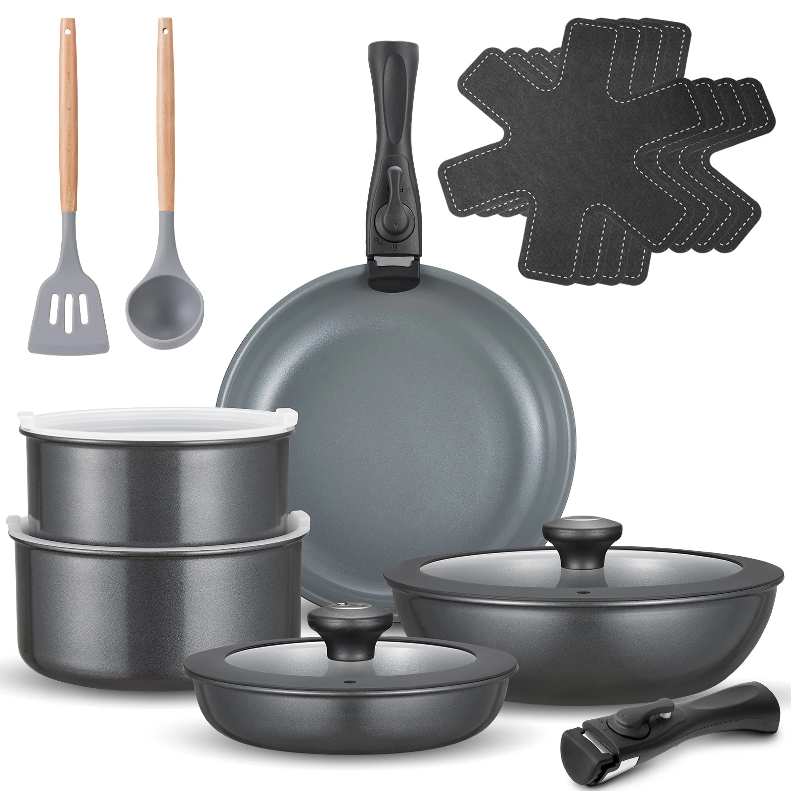 BEZIA 17-Tlg Induction Pots Set Ceramic Pans Set with Removable Handle Camping Cooking Pot Set for All Stove Types Topset Ind