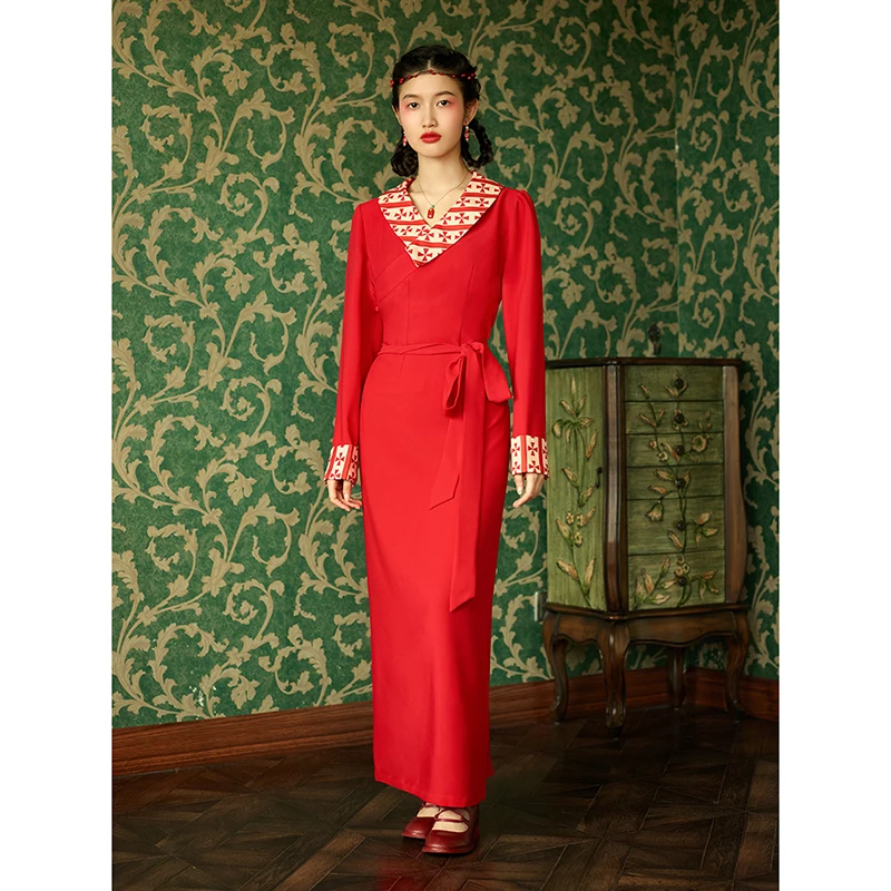 

Tibetan Dress Red for Women Spring Autumn Chinese Traditional Folk Style Tibet Robe Asian Oriental Costume Tibetan Clothing