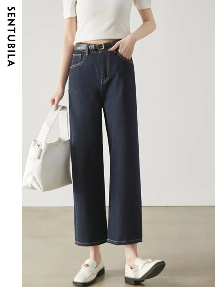 Sentubila High Waist Blue Jeans for Women 2023 Spring Summer Fashion Solid Straight Leg 100%  Cotton Pants Streetwear Trousers