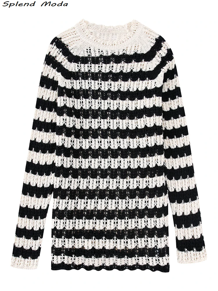 

Splend Moda 2022 ZA Women Fashion Autumn Young Style Striped Jacquard Knitted Long Pullovers Sweaters Casual Chic O-Neck Jumpers