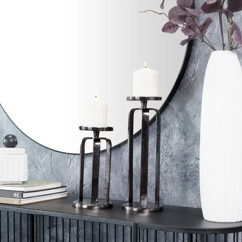 

2 Candle Black Aluminum Geometric Pillar Candle Holder, Set of 2