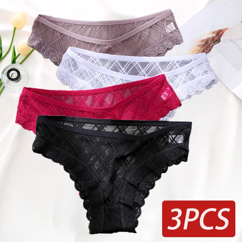 

M-2XL Women Panties Sexy Floral Lace Panties Women Underwear Finetoo Lace Briefs Female Low Rise Underpants Pantys 3PCS/Set