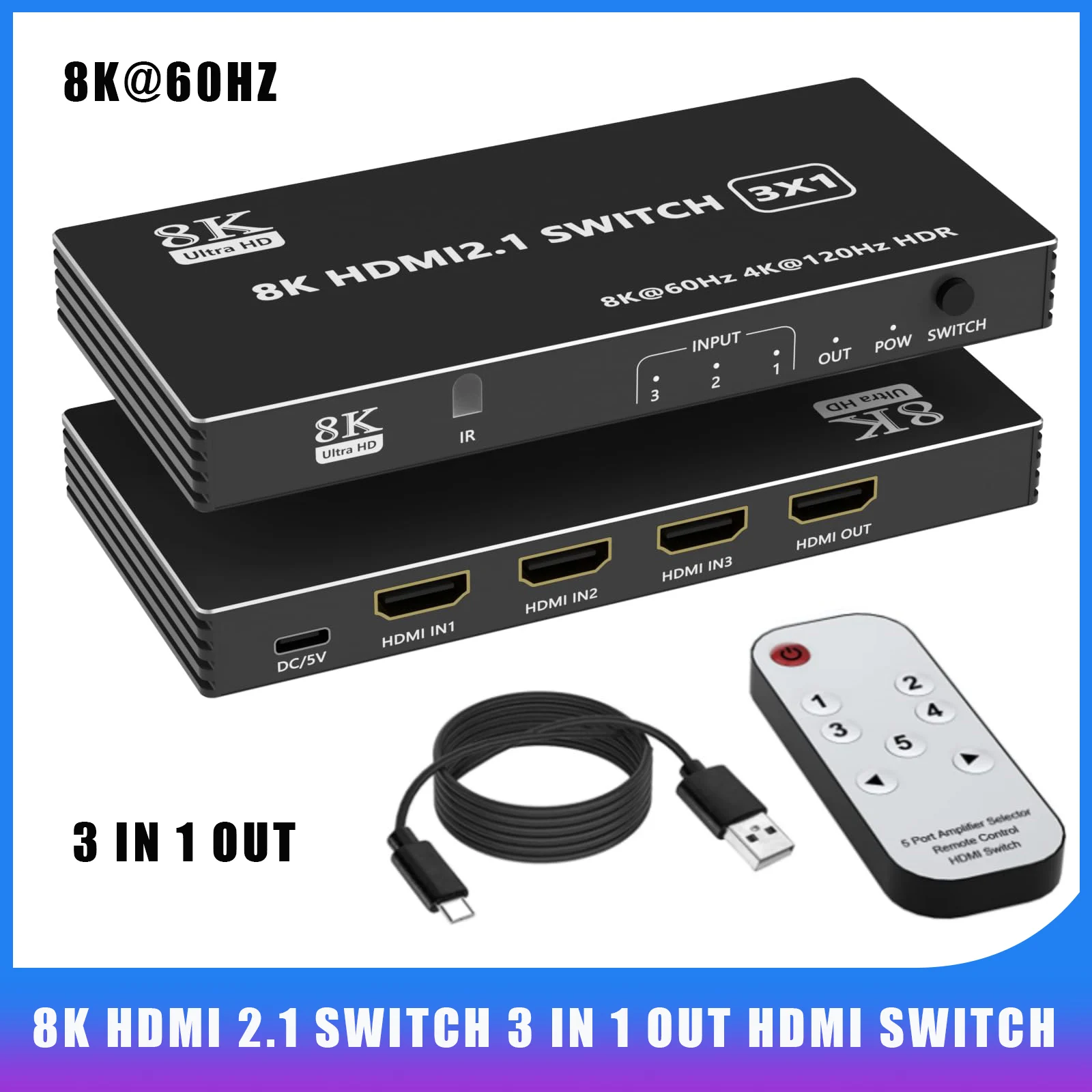 Переключатель HDMI 2 1 3 в 4K @ 120 Гц/8K 60 Гц с ИК-пультом ДУ