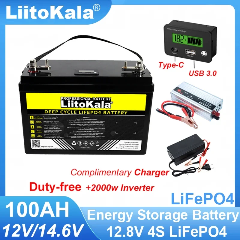 LiitoKala 12 8 В 100 Ач LiFePO4 аккумулятор 4 с литий-железо-фосфатный инвертор тележки для