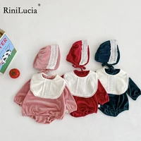 rinilucia baby turn down collar cute girl romper with hat bib sets infant solid floral jumpsuit toddler baby girl clohtes 3pcs