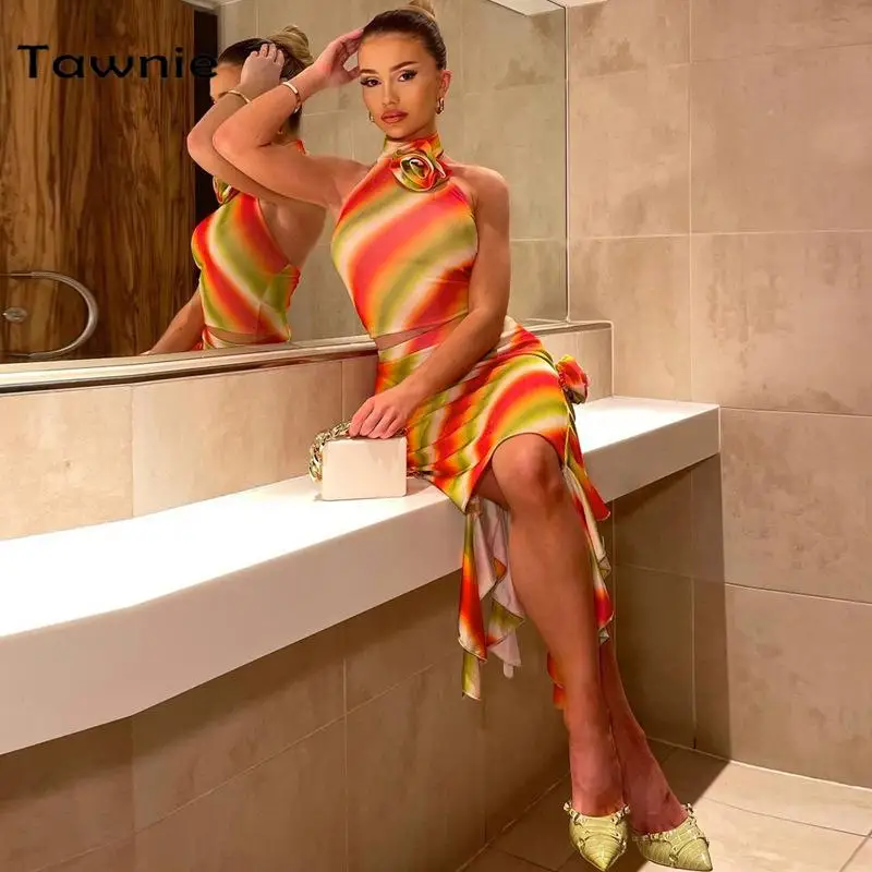 

Tawnie Sexy 2 Pieces Sets Women Birthday Outfits Rainbow Striped Floral Appliques Ruffle Dress Matching Sets Summer