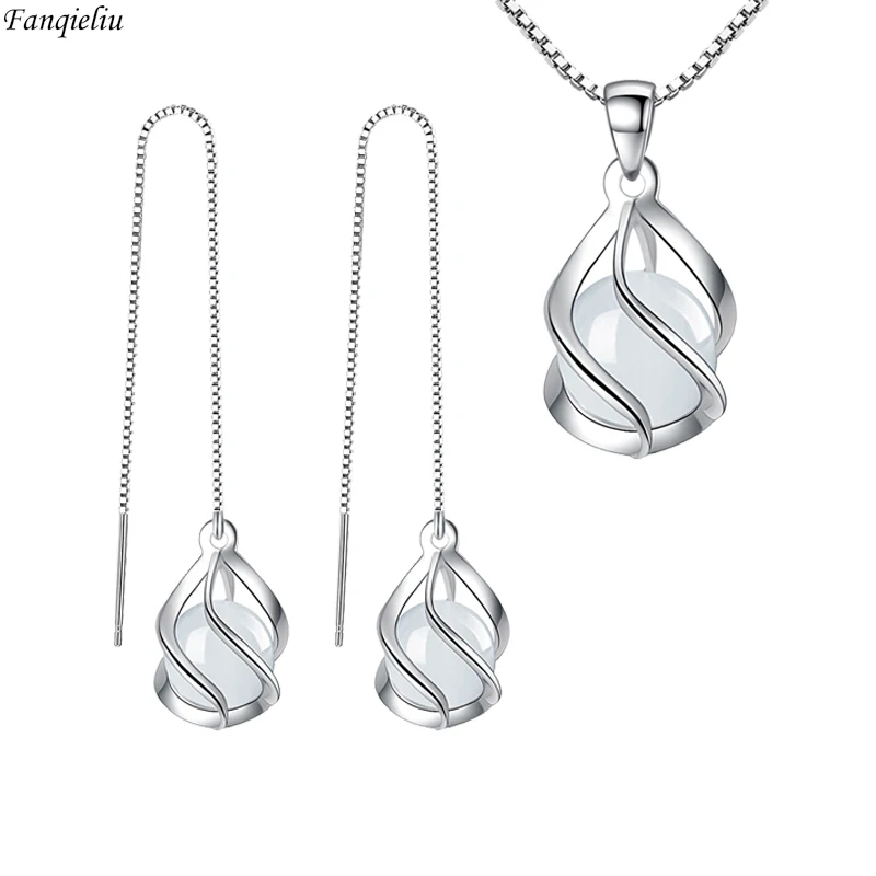 

Fanqieliu Real 925 Silver Needle Long Chain Drop Earrings Hollow Spiral Opal Pendant Necklace Jewelry Sets For Women FQL23086