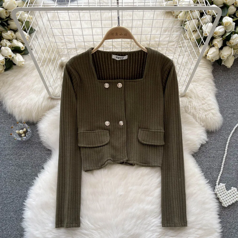 

Chic Blouse Knitted Buttons Shirts Women Loose Shirt Tops Female Casual Blouses Square Collar Long Sleeve Blusas Dropshipping