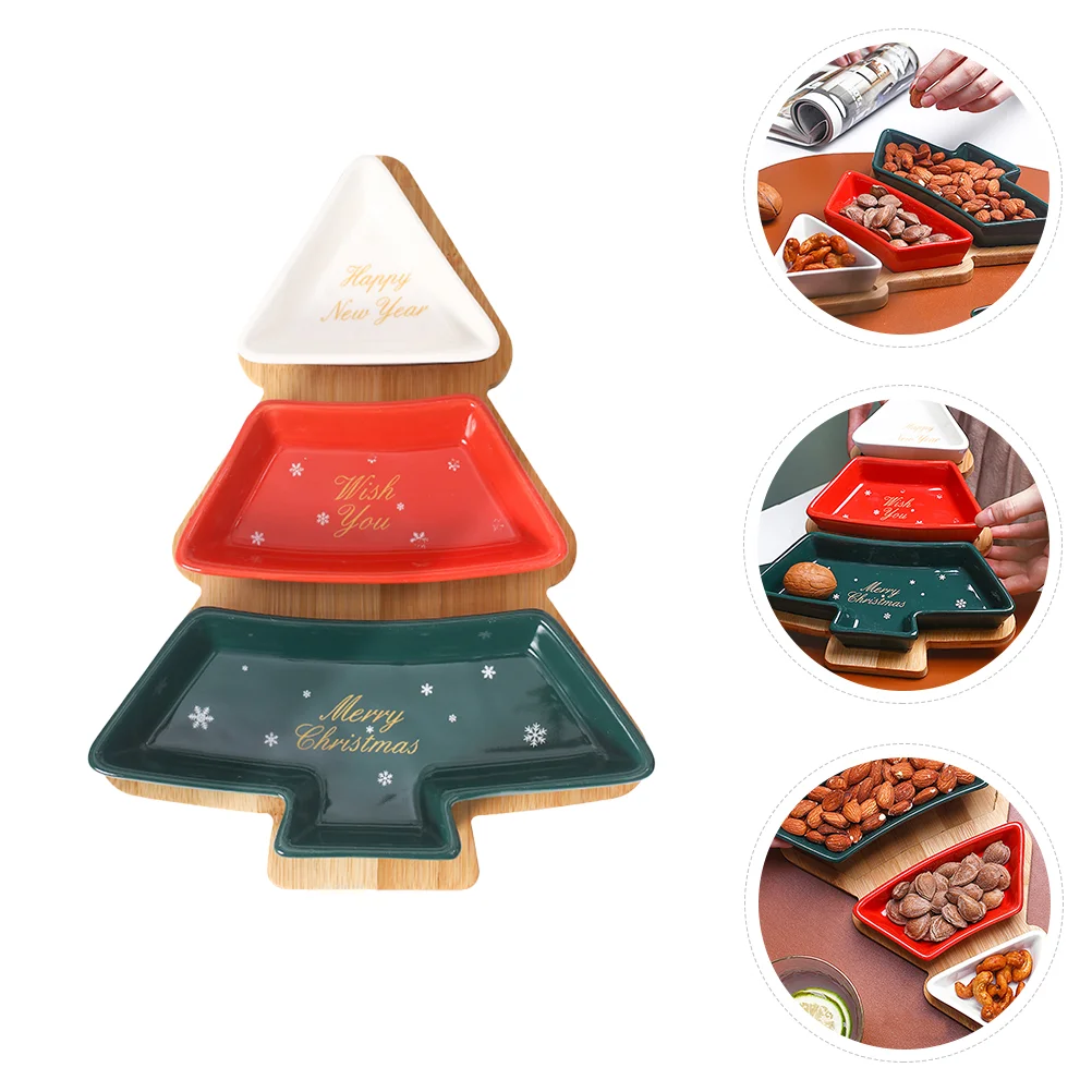 

Christmas Tree Shape Fruit Plates Dessert Nuts Snack Plate Candy Dish Serving Trays With Bamboo Base Stand New Year Tableware