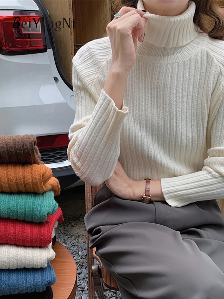 

Beiyingni Winter Korean Fashion Women Sweater High Collar Lazy Casual Knitted Long Sleeve Pullover Ladies Loose Retrp Sweaters