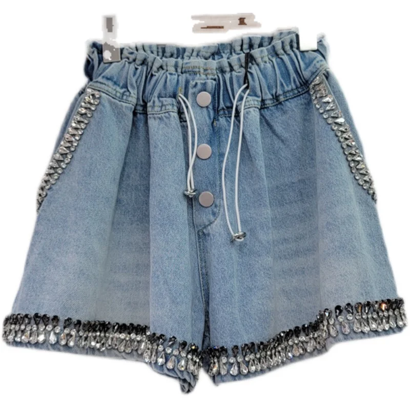 Women's Short Pants 2023 Summer New Heavy Industry Contrast Color Diamond Beaded High Waist Slimming Wide-Leg Denim Shorts