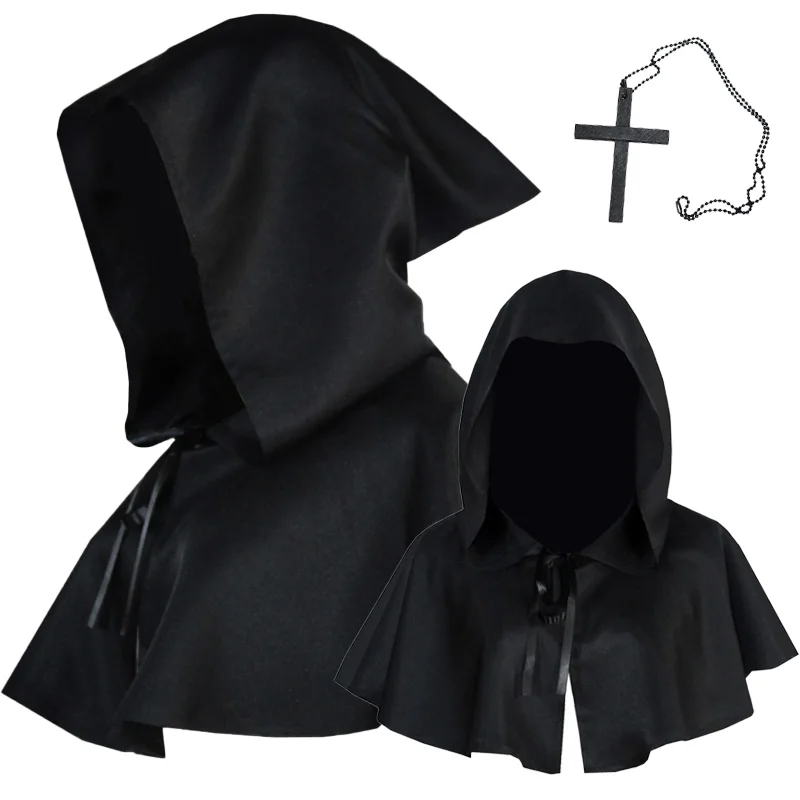 

Medieval Costume Hooded Cape Short Cloak Black White Blue Red Medieval Cloak Halloween Unisex Adult Child Costumes Coat