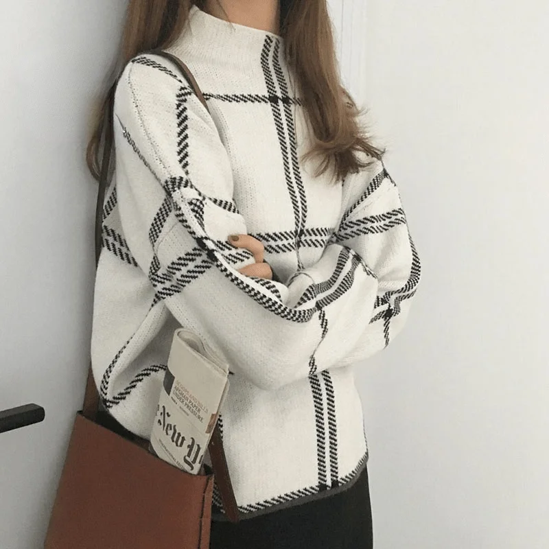 

2021 Ins Winter New Women's Pullovers Sweater Fashion Plaid Turtleneck Loose Knit Full Sleeve Korean Casual Tops T98301D