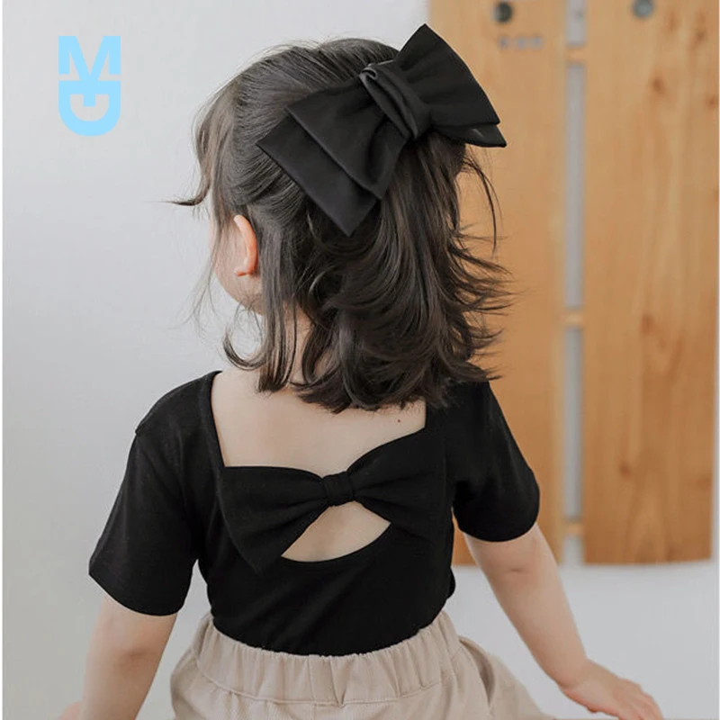 

New Summer Fashion Girl T-Shirt Children Short Sleeves Solid Tees Back Bowknot Baby Kids Cotton Tops For Girls Clothes