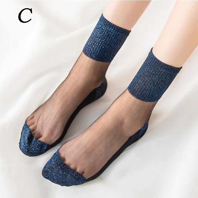 1pair Summer Fashion Women Ultrathin Transparent Socks Glitter Crystal Glass Silk Socks Beautiful Lace Shiny Elastic Short Socks