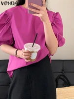 women blouse 2022 vonda female elegant half sleeve crew neck blouse casual baggy pleated tops office lady blusas femininas