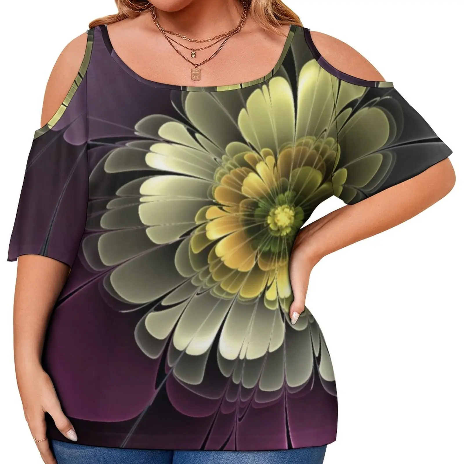 

Fractal Flower Print T-Shirt Abstract Modern Art Pretty T-Shirts Short Sleeve Street Style Tees Summer Pattern Tops Plus Size