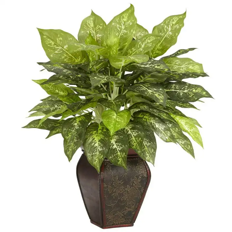 

С декоративной вазой шелковое растение зеленый