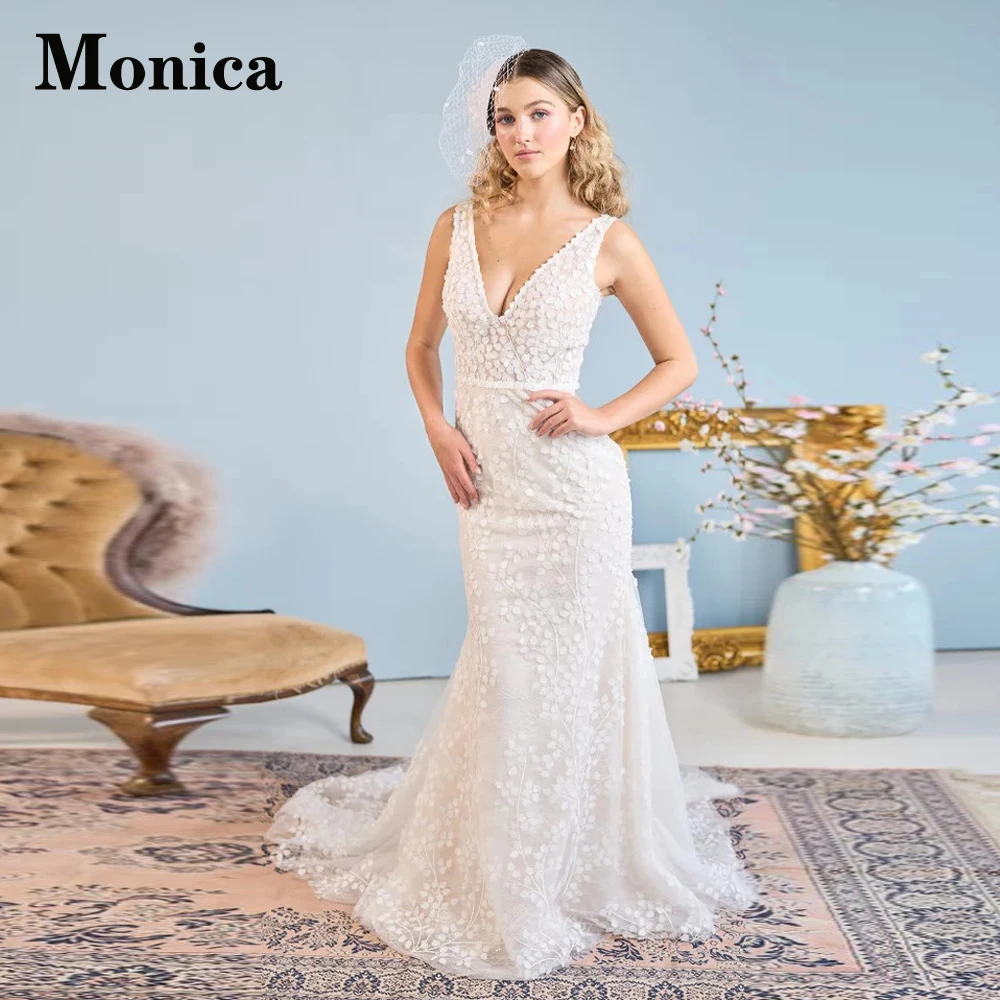 

MONICA Classic Mermaid Wedding Dresses 2023 Bride V-Neck Sleeveless Appliques Tulle Backless Court Train Vestidos De Novia