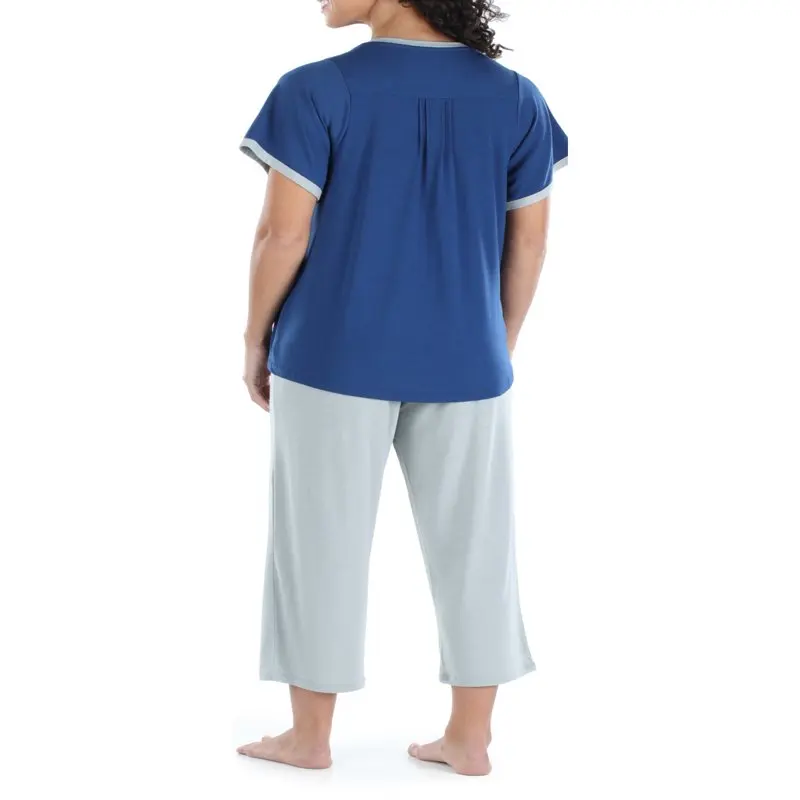 Women`s Stretchy Knit V-Neck Top and Capri Pant Pajama Set