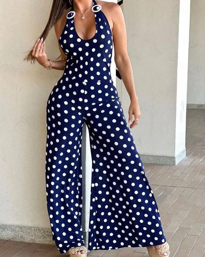 

Sexy Women's Jumpsuit 2023 Summer Fashion Vacation Polka Dot Print Halter Sleeveless Wide Leg Backless One Pieces Jumpsuit OTTD
