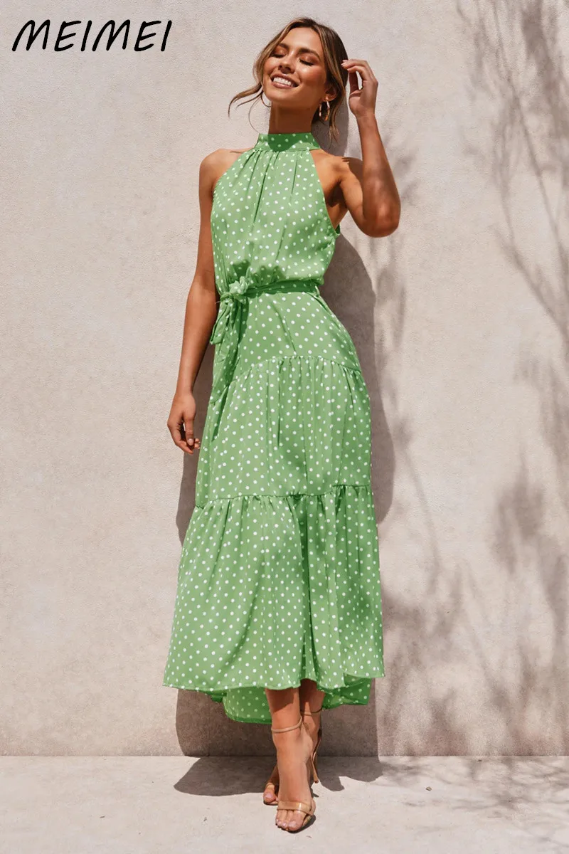 

Women Elegant Stand Neck Sleeveless A-line Summer Dresses Polka Dot Print Mid-calf Maxi Dress Vacation Beach Casual Sundresses