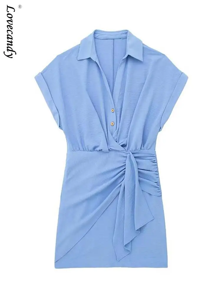 

Женское Плиссированное мини-платье, офисное короткое платье без рукавов с отложным воротником и V-образным вырезом, верхняя одежда синего цвета, лето 2023