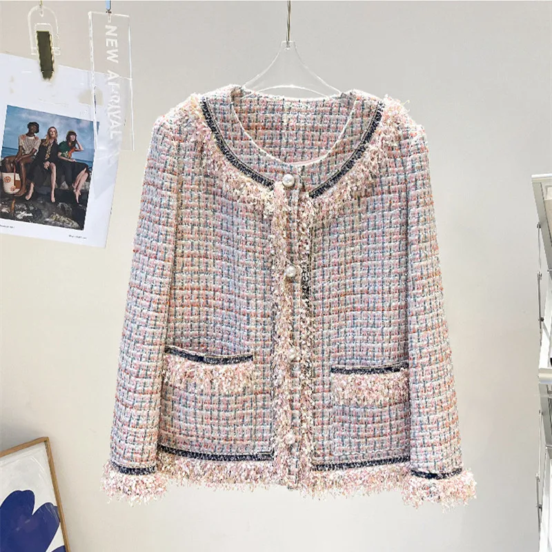 

2022 Spring Fashion Women's High Quality O-neck Plaid Tassels Tweed Coat C559