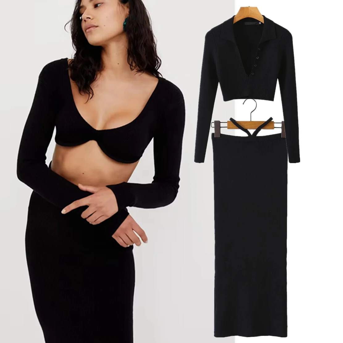 

Dave&Di Sexy Hollow Out Sheath Skirts Women Sets French Style Retro Knitted Short Tops