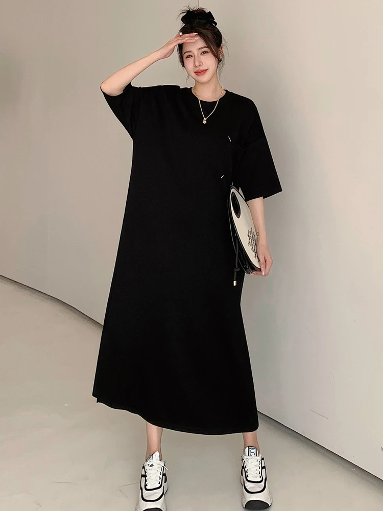 

Женское платье-рубашка с карманами, свободное черное платье большого размера с коротким рукавом, модель 2023 в Корейском стиле на лето