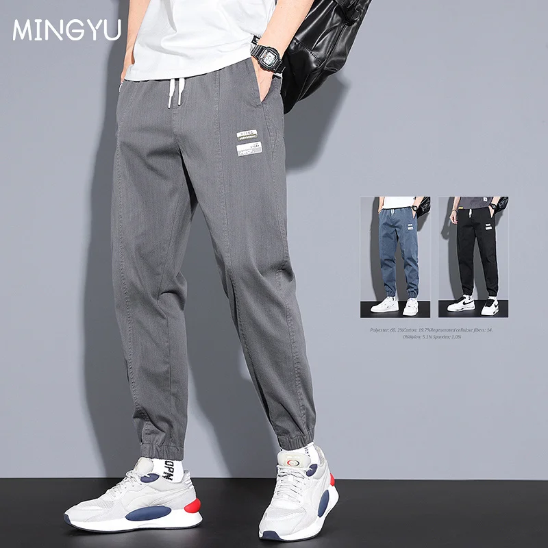 

Sprin Summer arem Pants Men Cotton Tin Elastic Drawstrin Waist Beam Feet Lit blue Loose Joers Sports Caro Trousers Male
