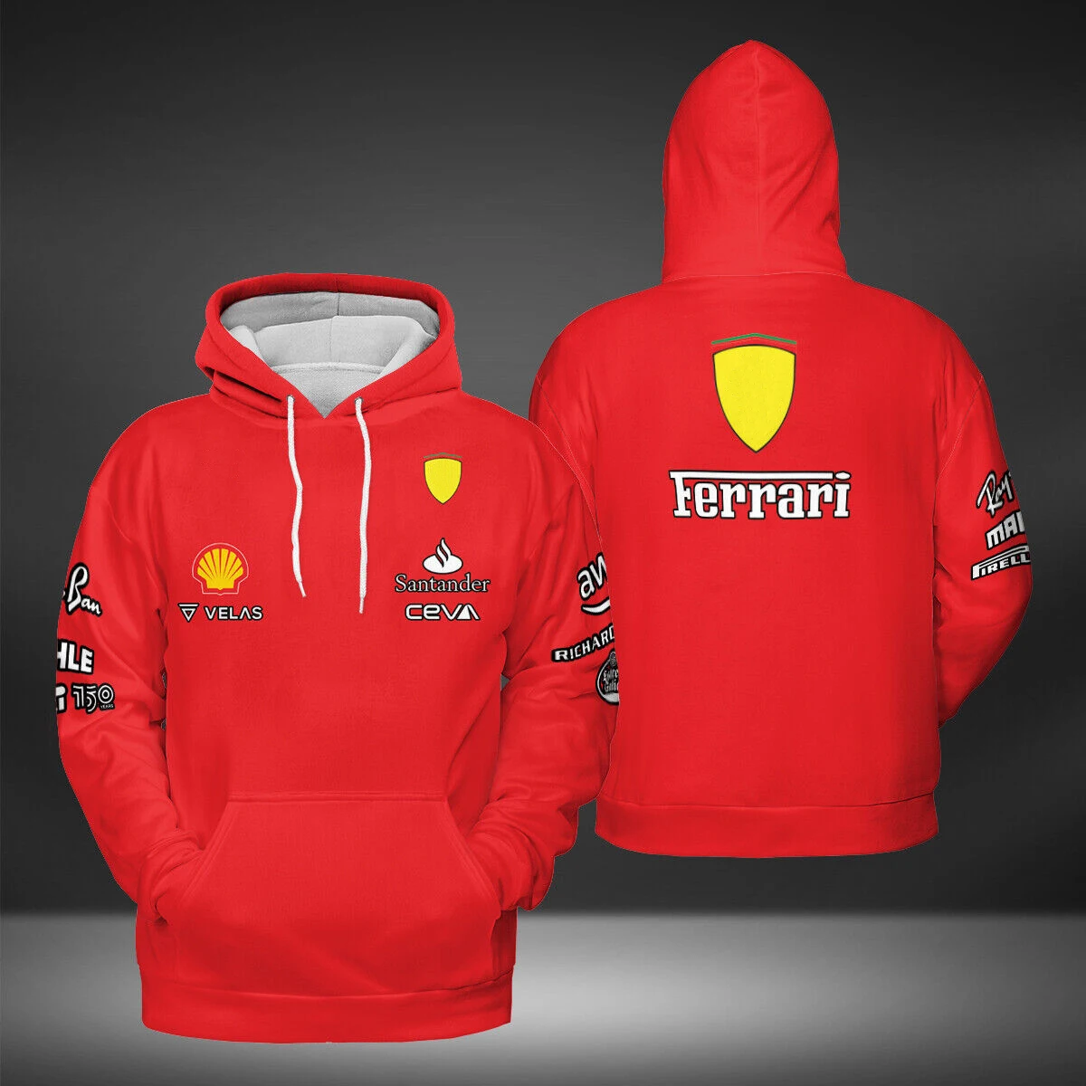 

Men's Formula One Hooded Sweatshirt, Zippered Casual Coat, Yellow, Red, Spring And Autumn, Scuderia Ferrari F1 Leclerc 1947-2023
