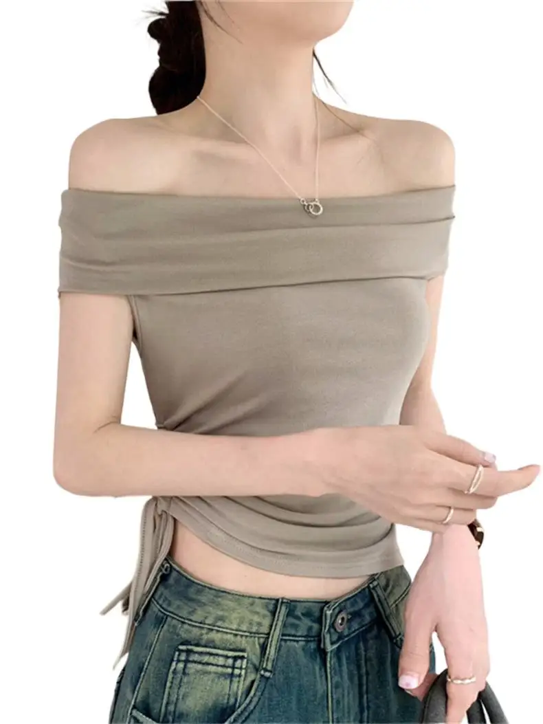 

Summer Knitted Cotton Women Slash Neck Crop Tops Hotsweet Design Sense Left Pleated Sheathy Temperament Party Shirts Blouses